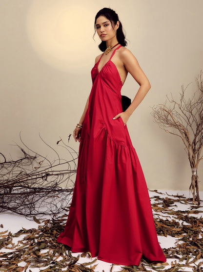 Women's Red Poplin Back Bow Strappy Maxi Dress
