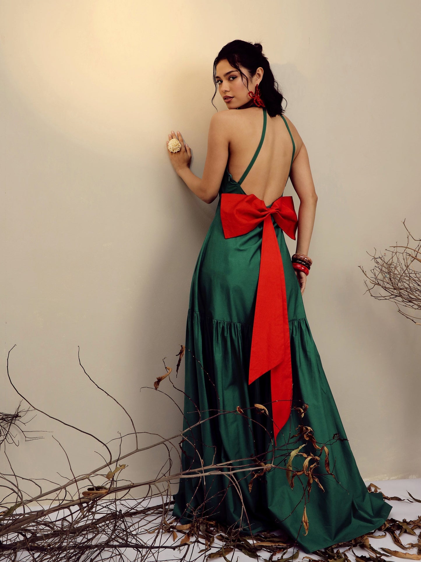 Women's Green Poplin Back Bow Strappy Maxi Dress