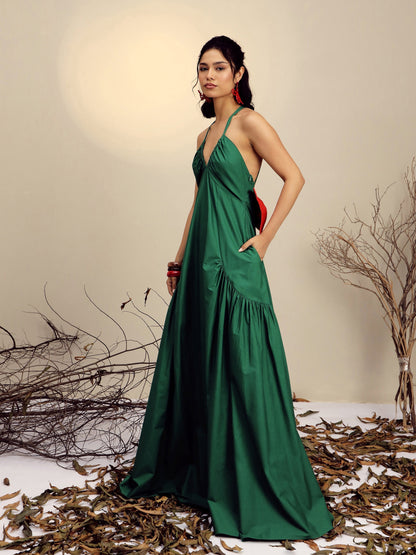 Women's Green Poplin Back Bow Strappy Maxi Dress