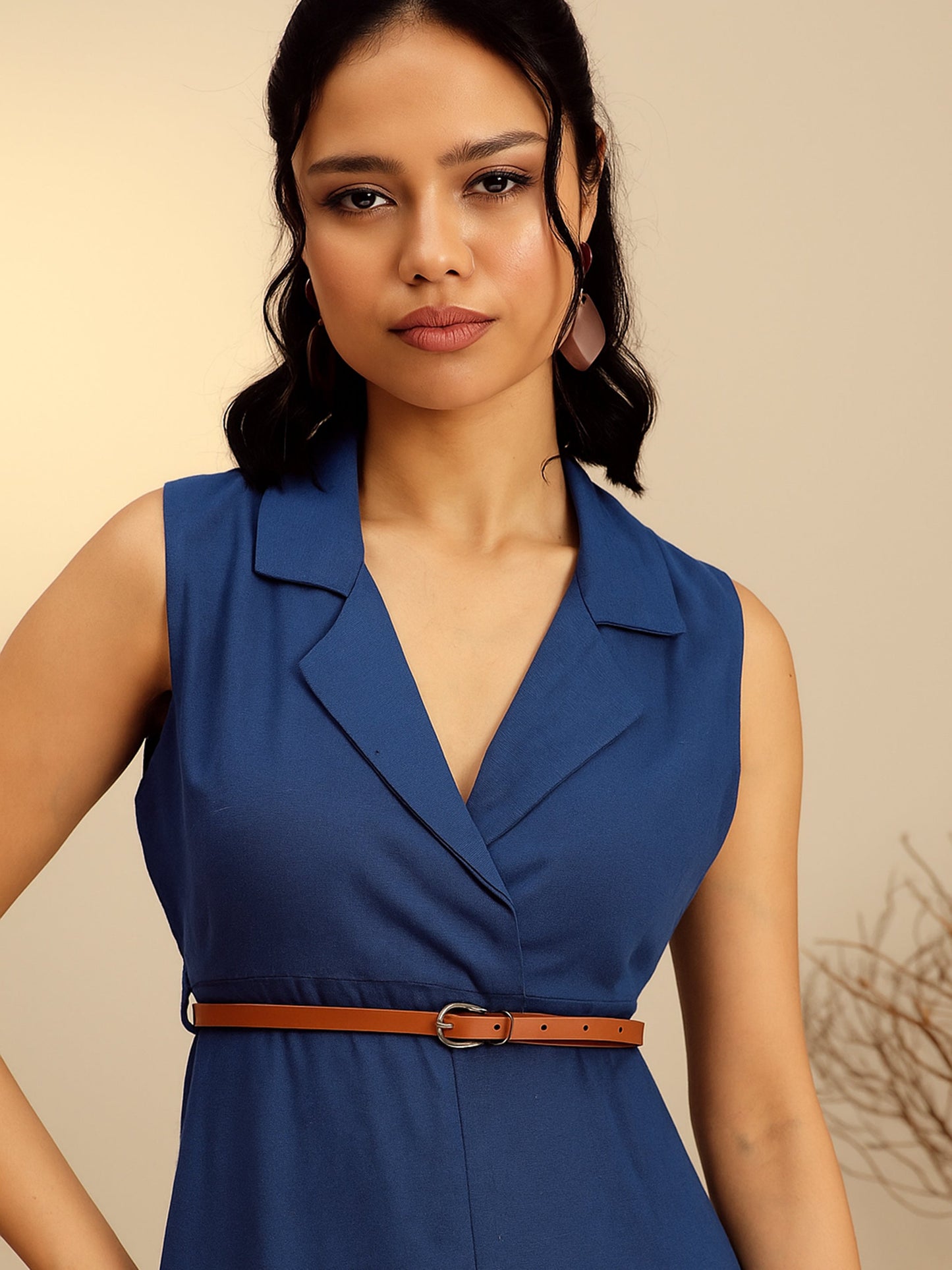 Women's Navy Notch Collar Front Slit Midi Dress