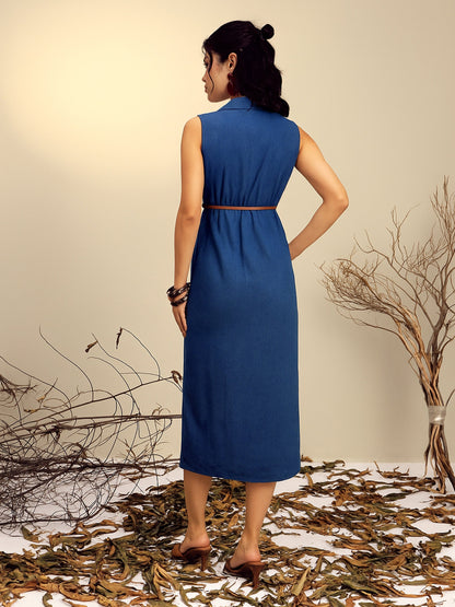 Women's Navy Notch Collar Front Slit Midi Dress