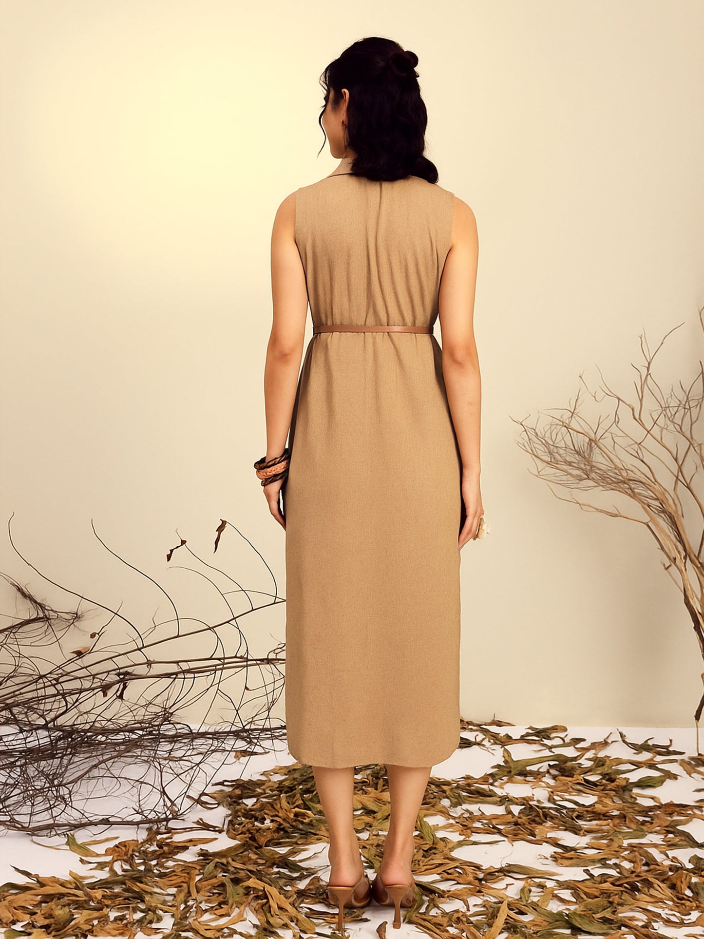 Women's Beige Notch Collar Front Slit Midi Dress