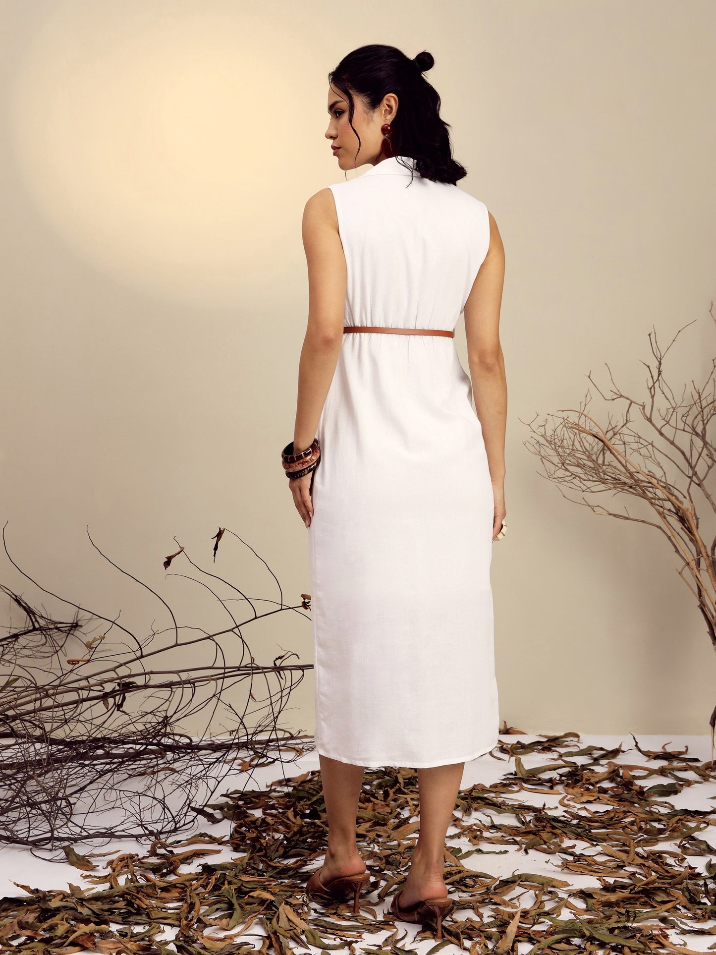Women's White Notch Collar Front Slit Midi Dress