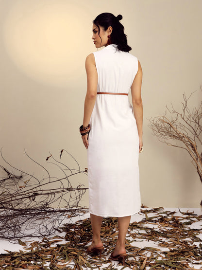 Women's White Notch Collar Front Slit Midi Dress