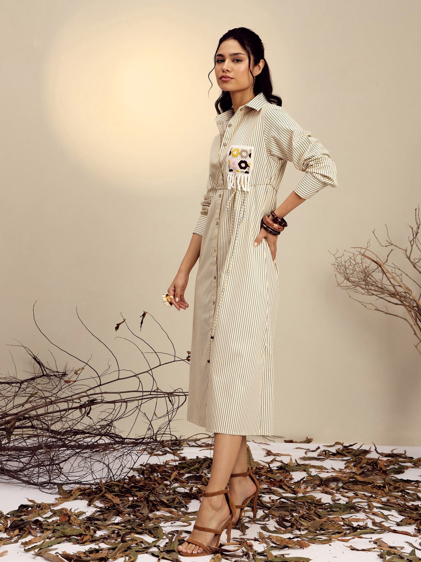 Women's Yellow Striped Shirt Dress