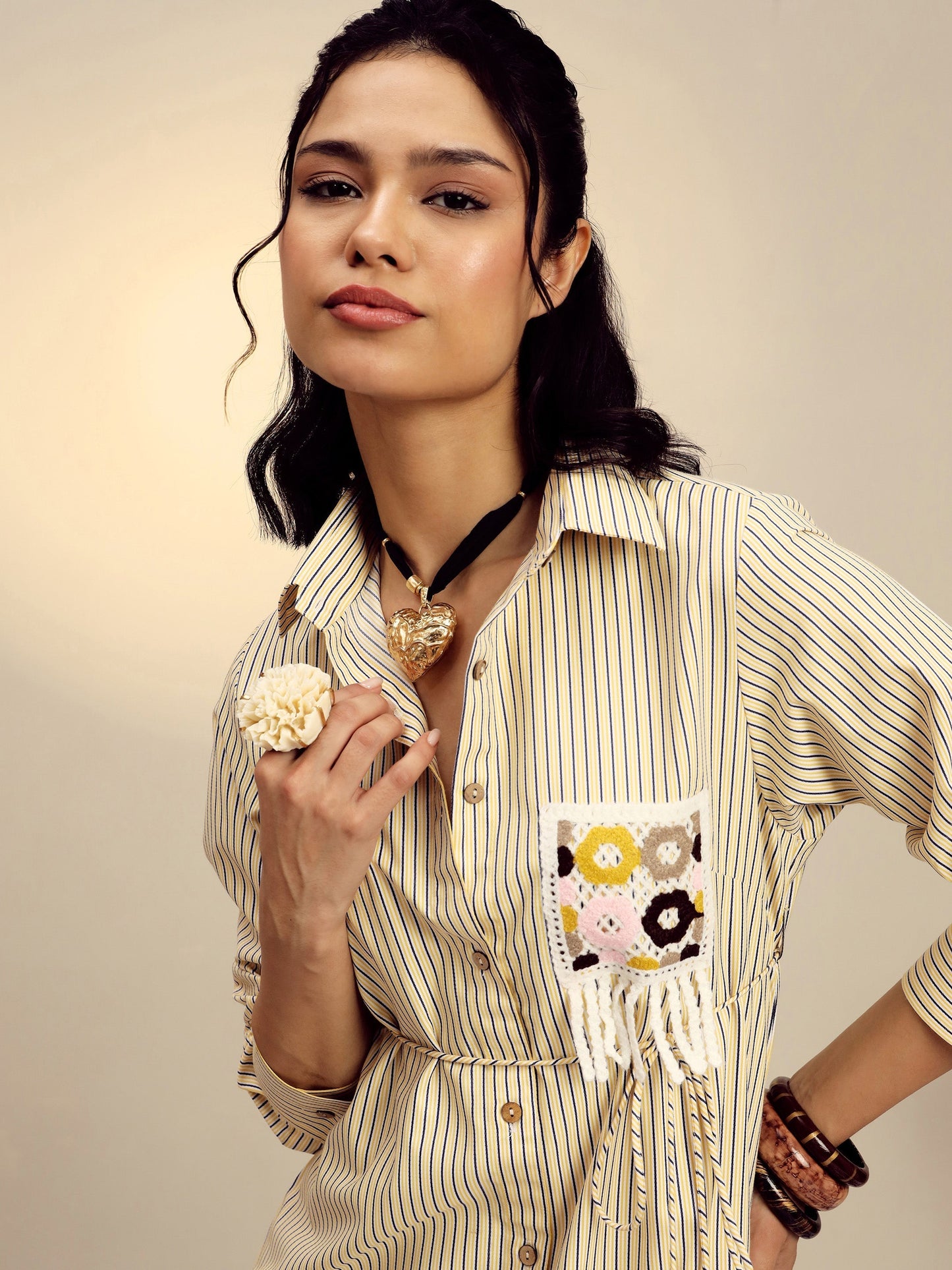 Women's Yellow Striped Shirt Dress