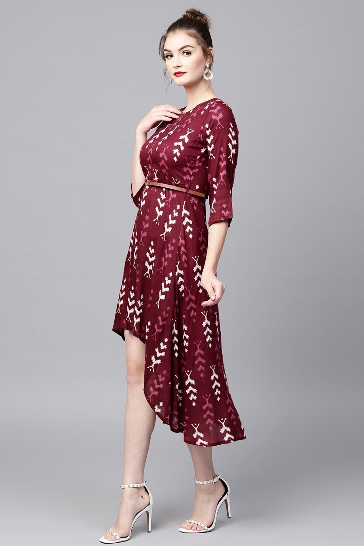 Women's Maroon Ikat High Low Ethnic Belted Dress