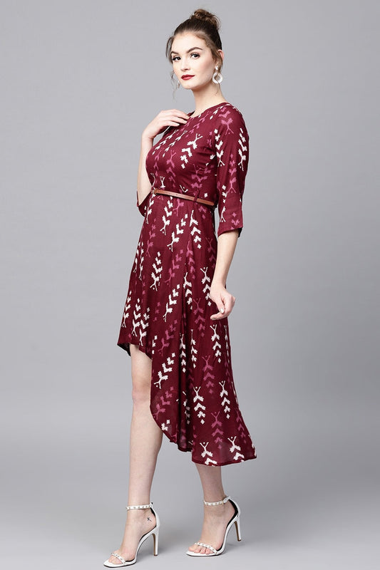 Women's Maroon Ikat High Low Ethnic Belted Dress