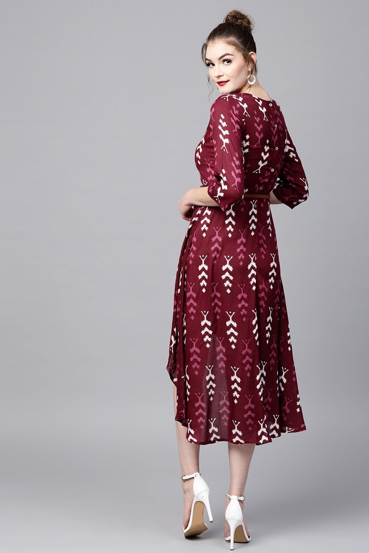 Women's Maroon Ikat High Low Ethnic Belted Dress