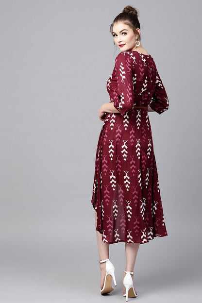Women's Maroon Ikat High Low Ethnic Belted Dress