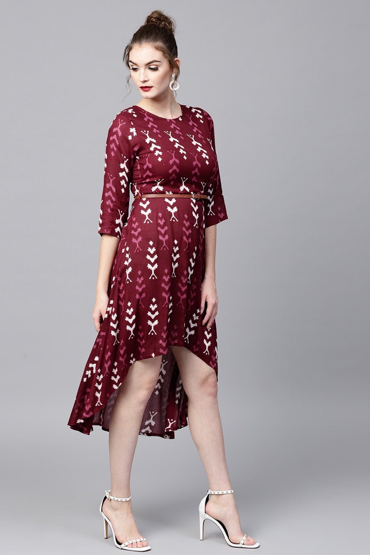 Women's Maroon Ikat High Low Ethnic Belted Dress