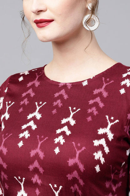 Women's Maroon Ikat High Low Ethnic Belted Dress