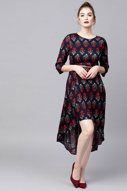 Women's Navy Floral High Low Ethnic Belted Dress