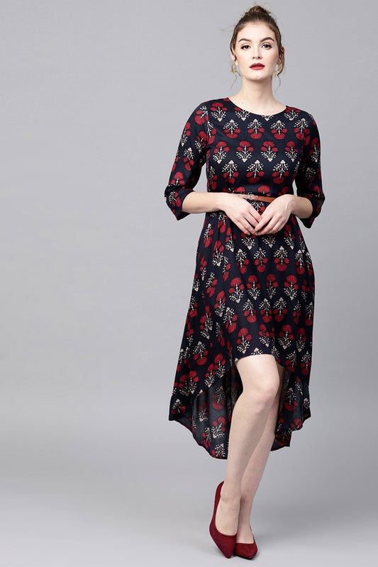 Women's Navy Floral High Low Ethnic Belted Dress
