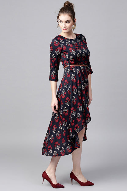 Women's Navy Floral High Low Ethnic Belted Dress