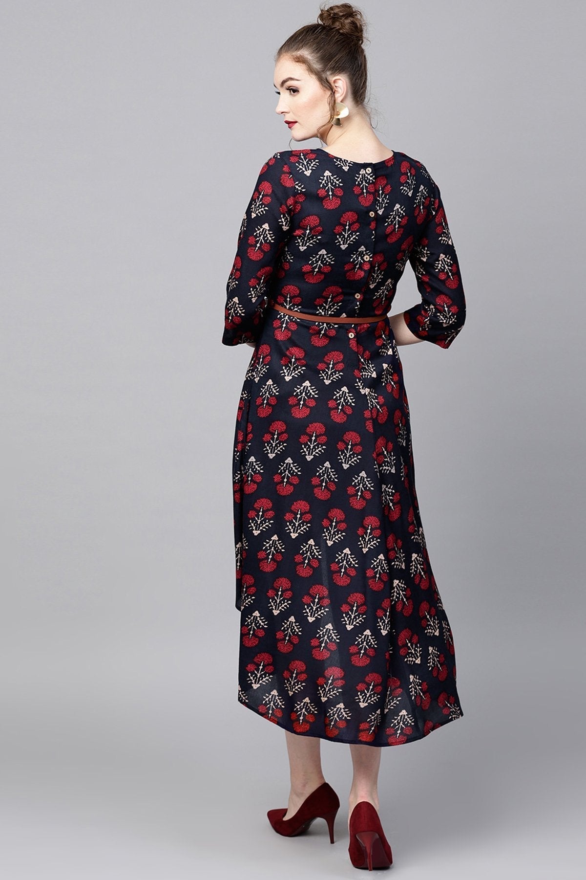 Women's Navy Floral High Low Ethnic Belted Dress