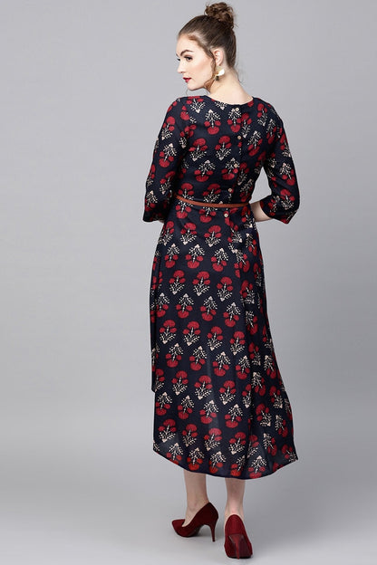 Women's Navy Floral High Low Ethnic Belted Dress