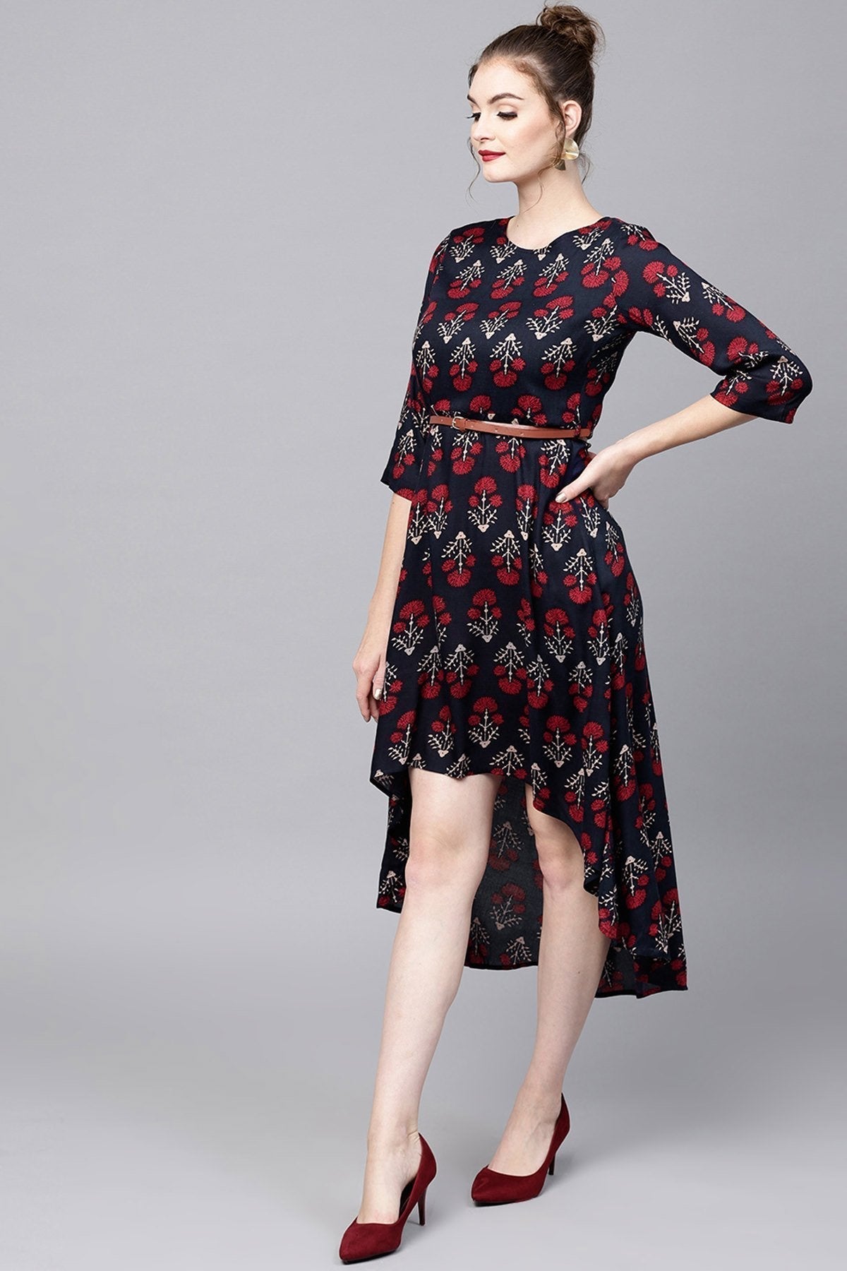 Women's Navy Floral High Low Ethnic Belted Dress