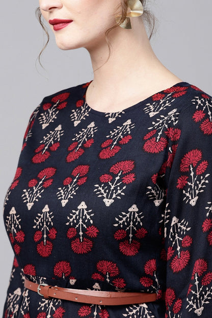 Women's Navy Floral High Low Ethnic Belted Dress