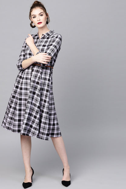 Women's Black Check Shirt Ethnic Belted Dress