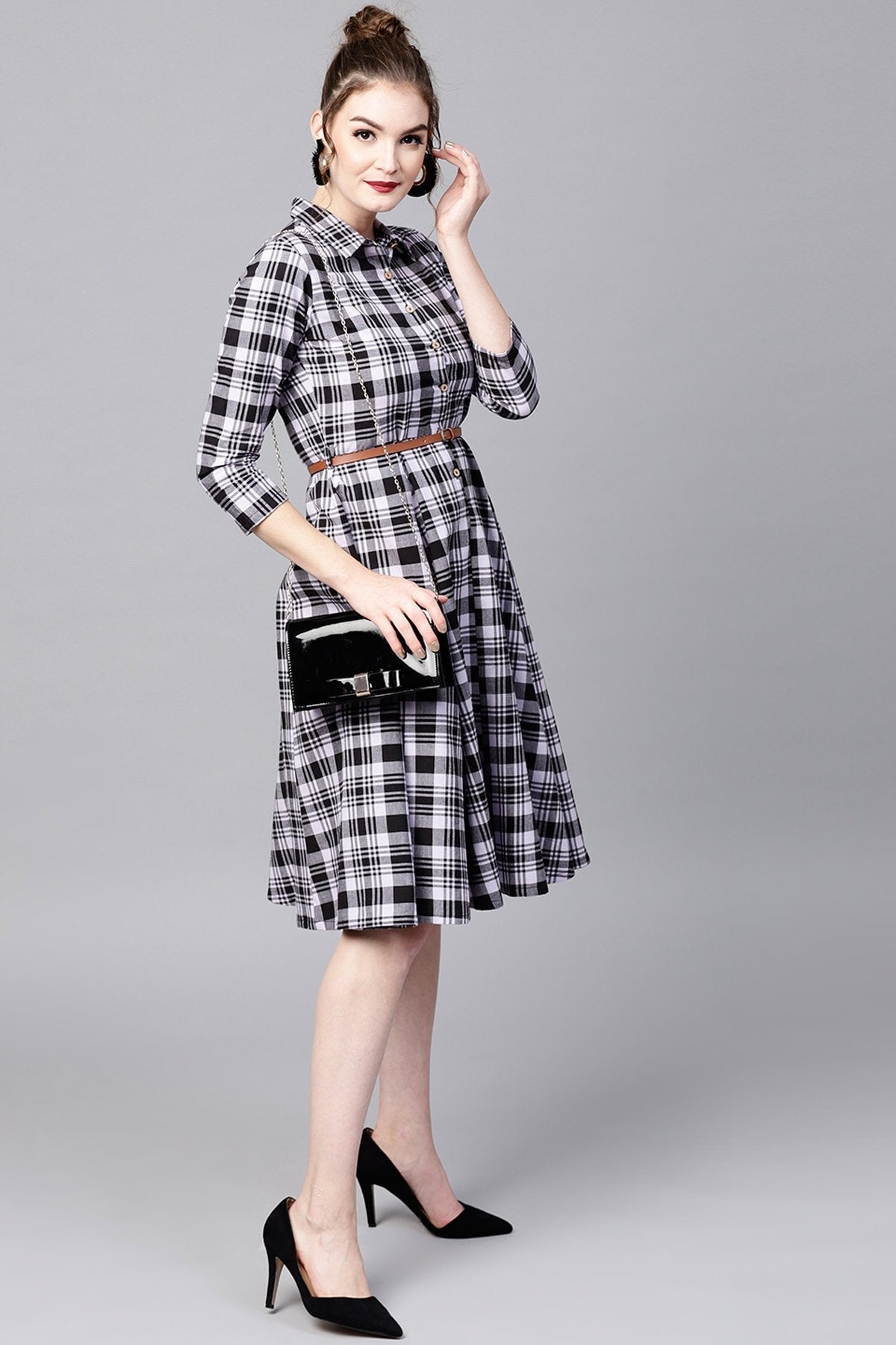 Women's Black Check Shirt Ethnic Belted Dress