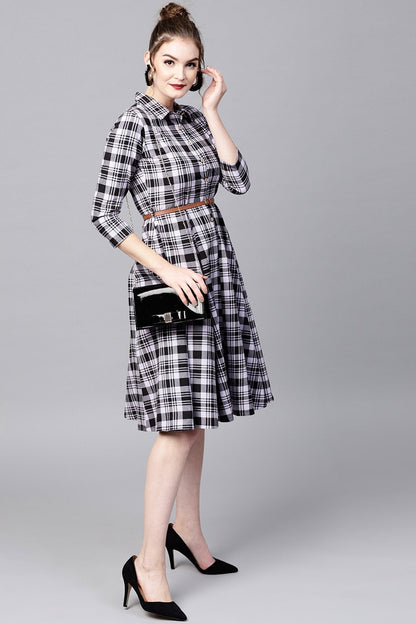 Women's Black Check Shirt Ethnic Belted Dress