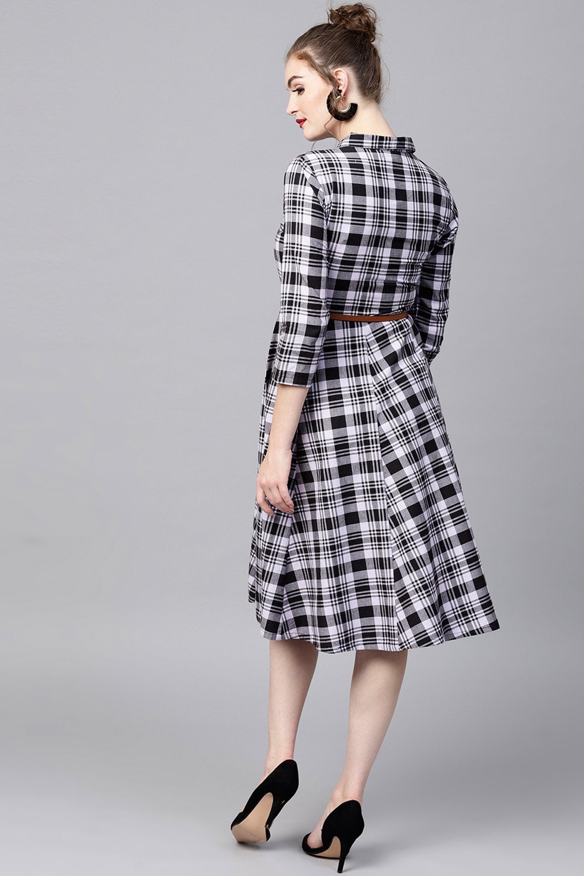 Women's Black Check Shirt Ethnic Belted Dress