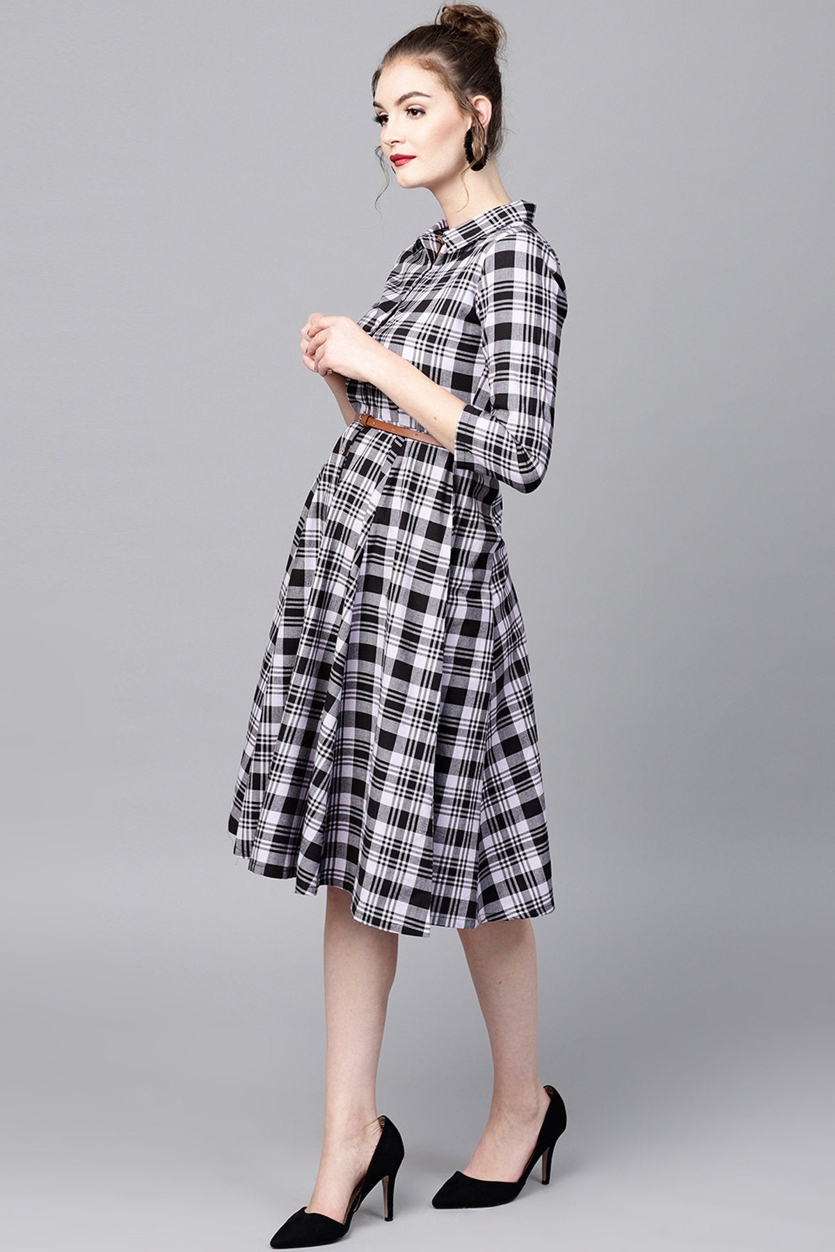 Women's Black Check Shirt Ethnic Belted Dress