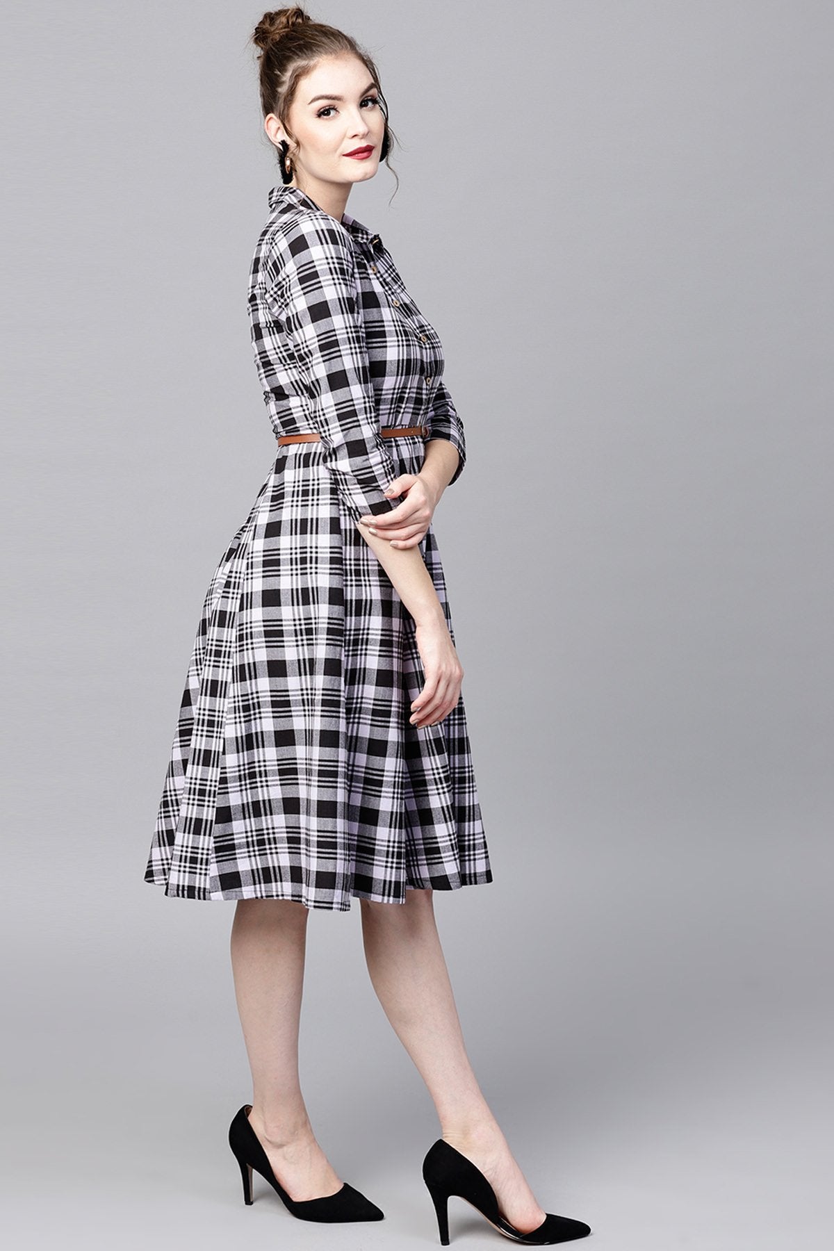 Women's Black Check Shirt Ethnic Belted Dress