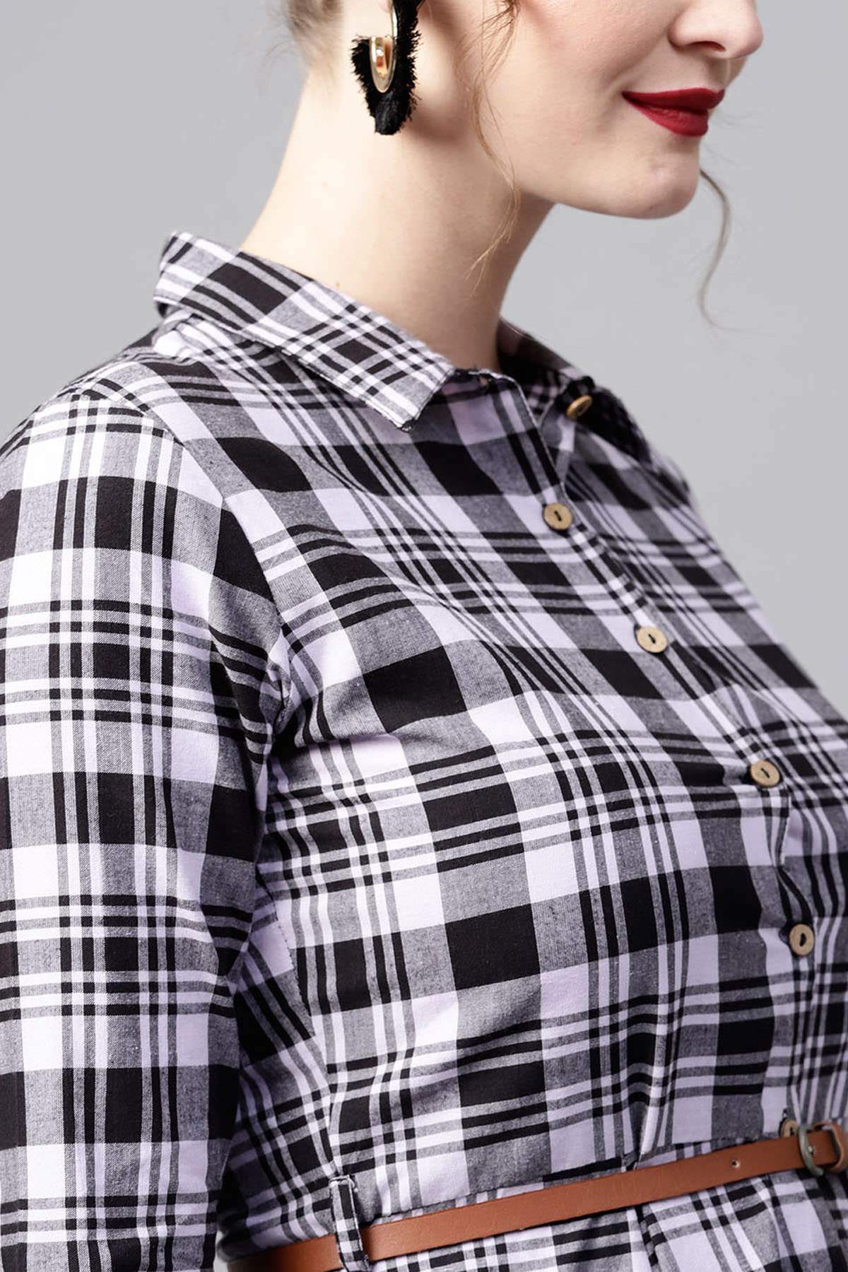 Women's Black Check Shirt Ethnic Belted Dress