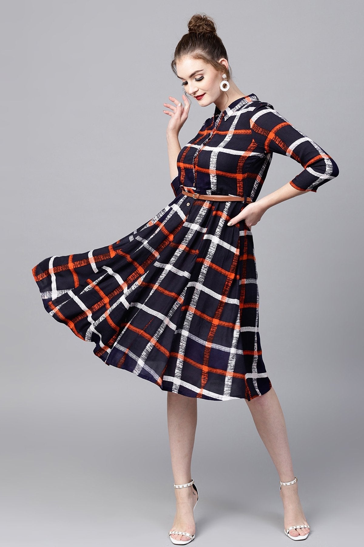 Women's Navy Check Shirt Ethnic Belted Dress