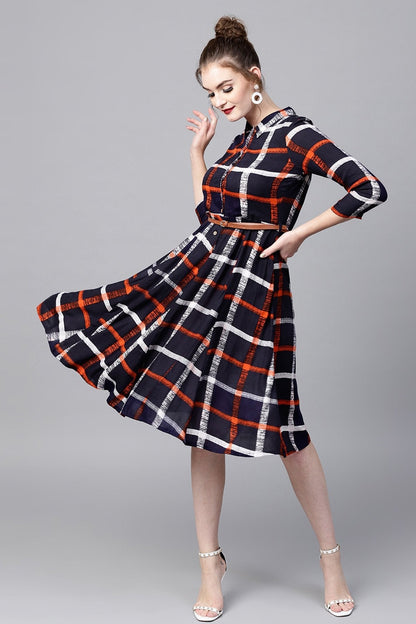 Women's Navy Check Shirt Ethnic Belted Dress
