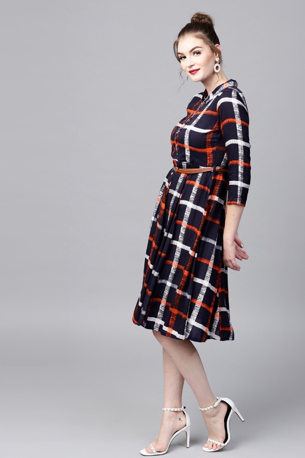 Women's Navy Check Shirt Ethnic Belted Dress