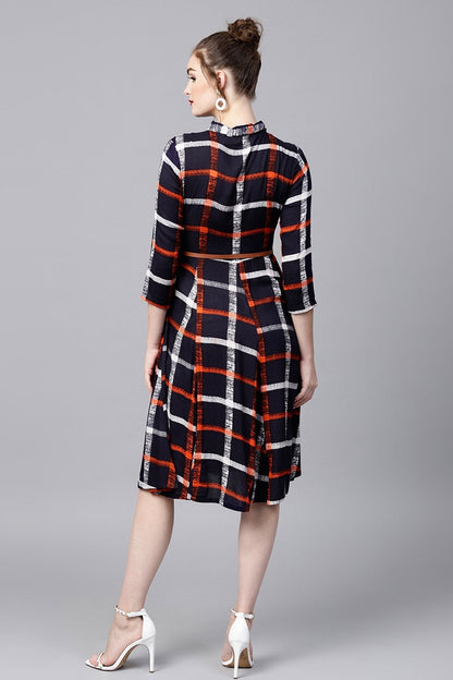 Women's Navy Check Shirt Ethnic Belted Dress