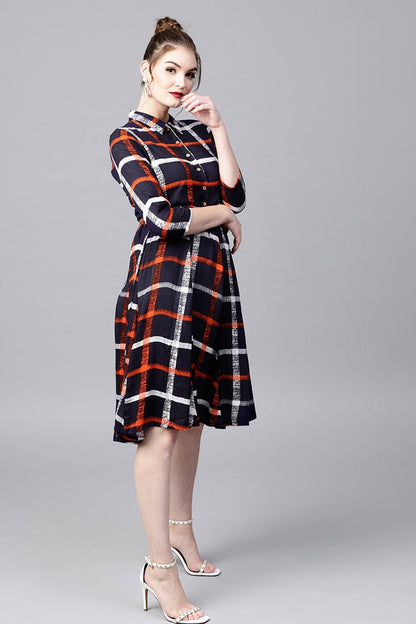 Women's Navy Check Shirt Ethnic Belted Dress
