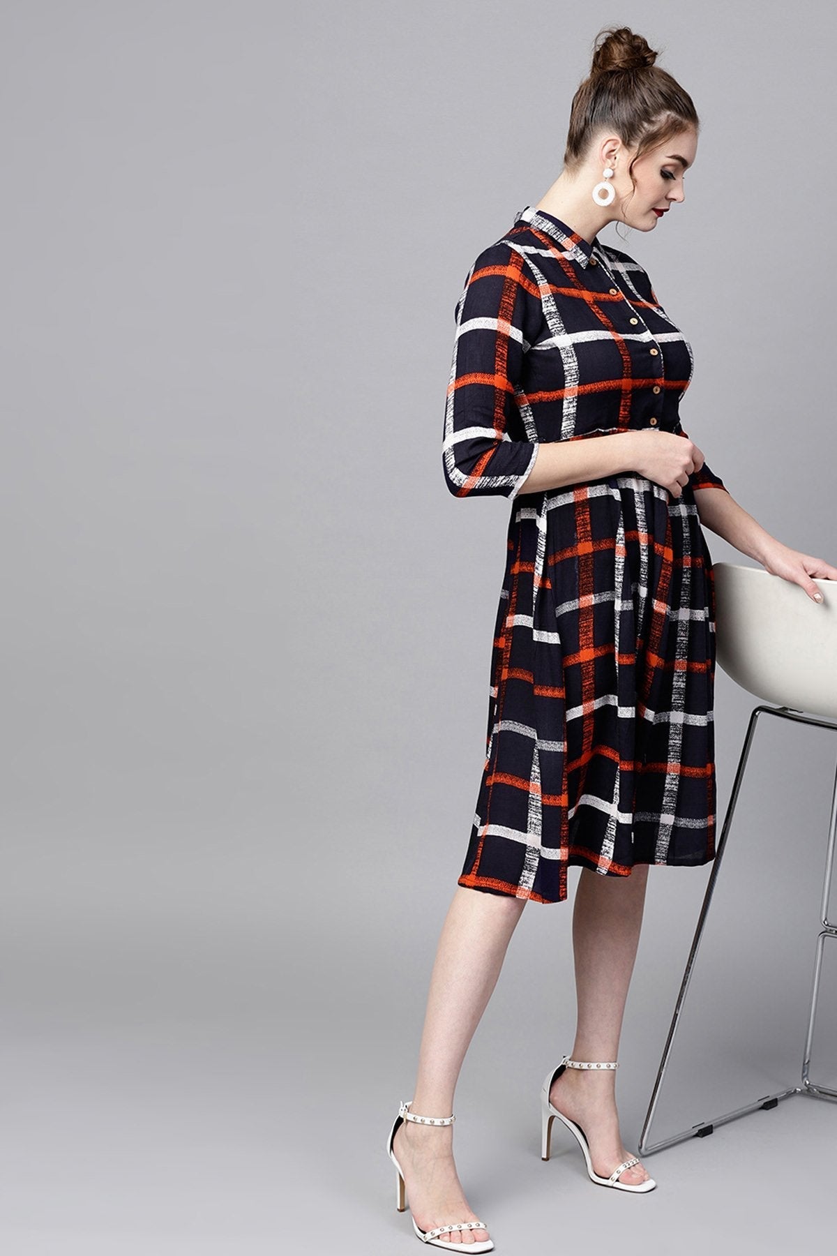 Women's Navy Check Shirt Ethnic Belted Dress