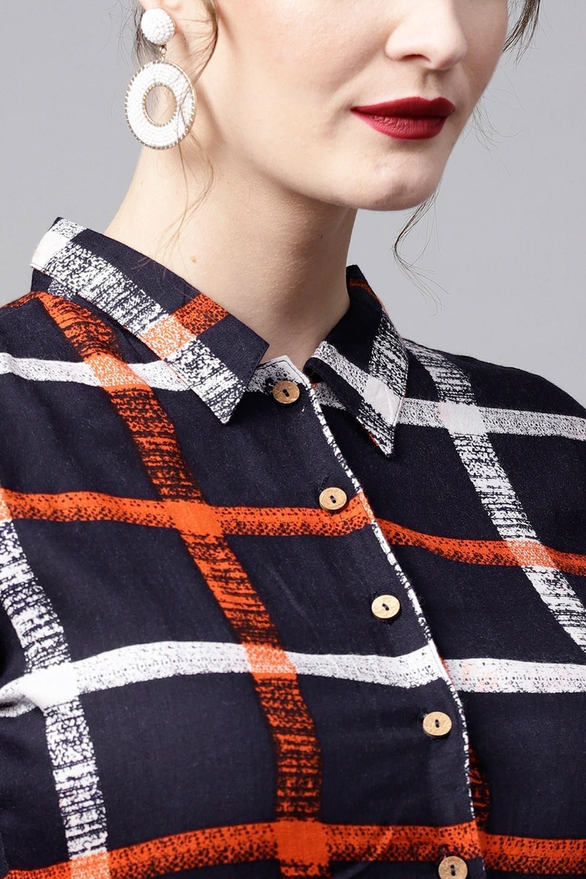 Women's Navy Check Shirt Ethnic Belted Dress