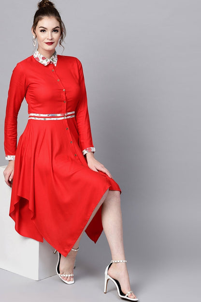 Women's Red Asymmetric Ethnic Dress