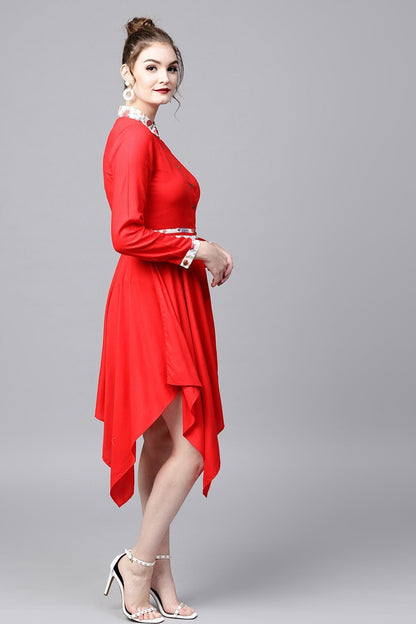 Women's Red Asymmetric Ethnic Dress