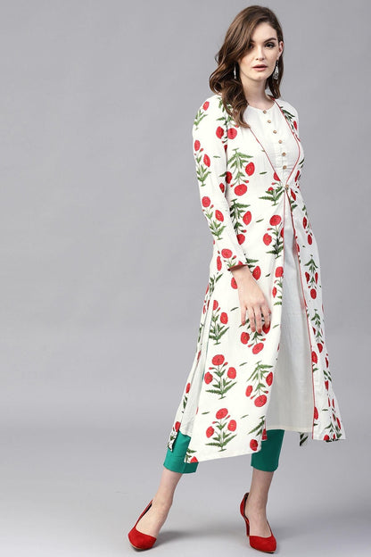 Women's Off White Crinkled Ethnic Maxi With Jacket