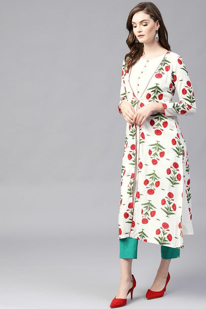 Women's Off White Crinkled Ethnic Maxi With Jacket