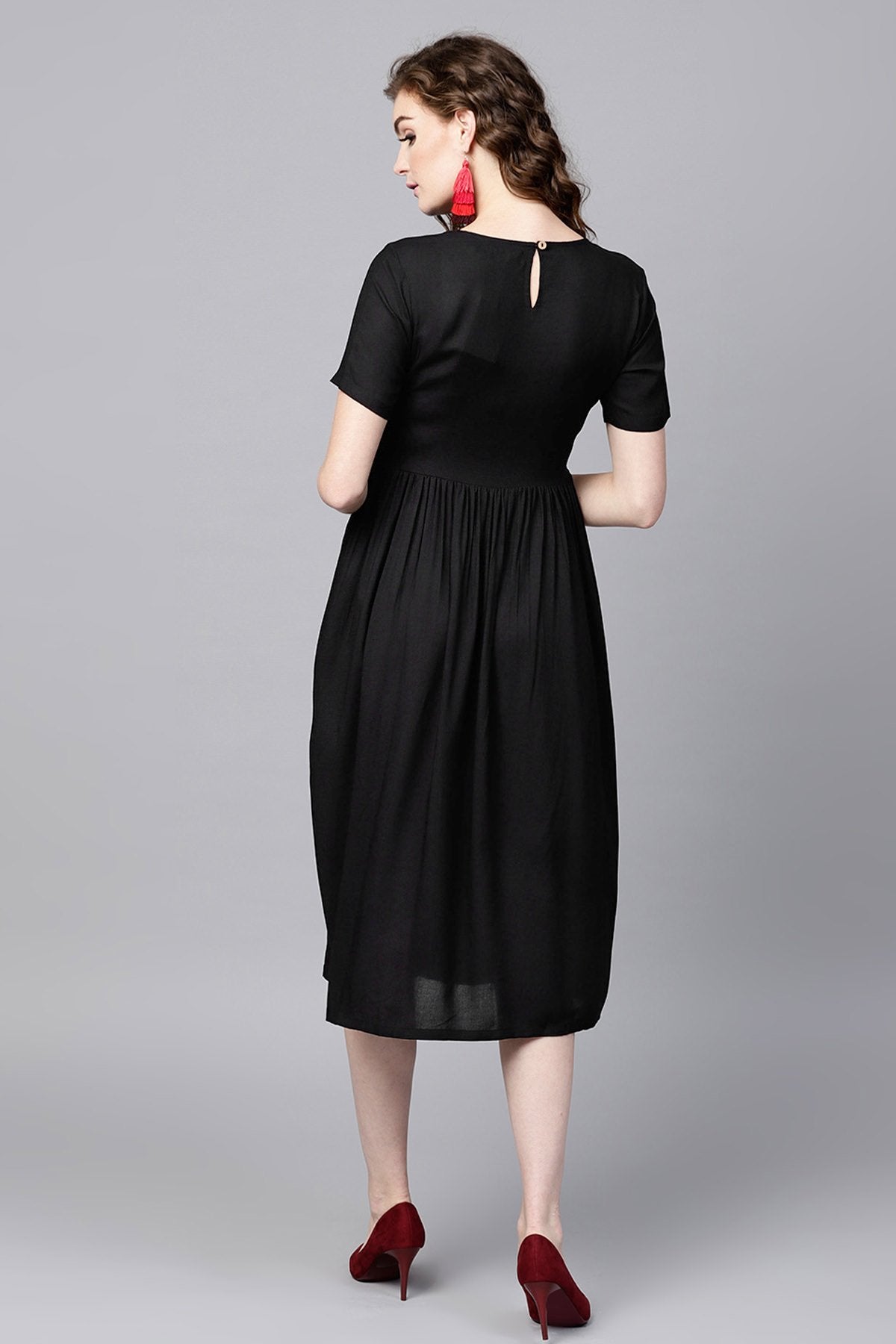 Women's Black Ethnic Dress With Printed Pockets