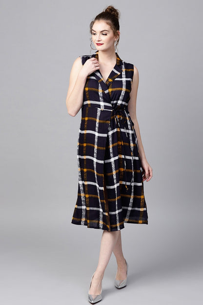 Women's Navy Check Lapel Collar Wrap Ethnic Dress