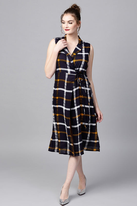 Women's Navy Check Lapel Collar Wrap Ethnic Dress