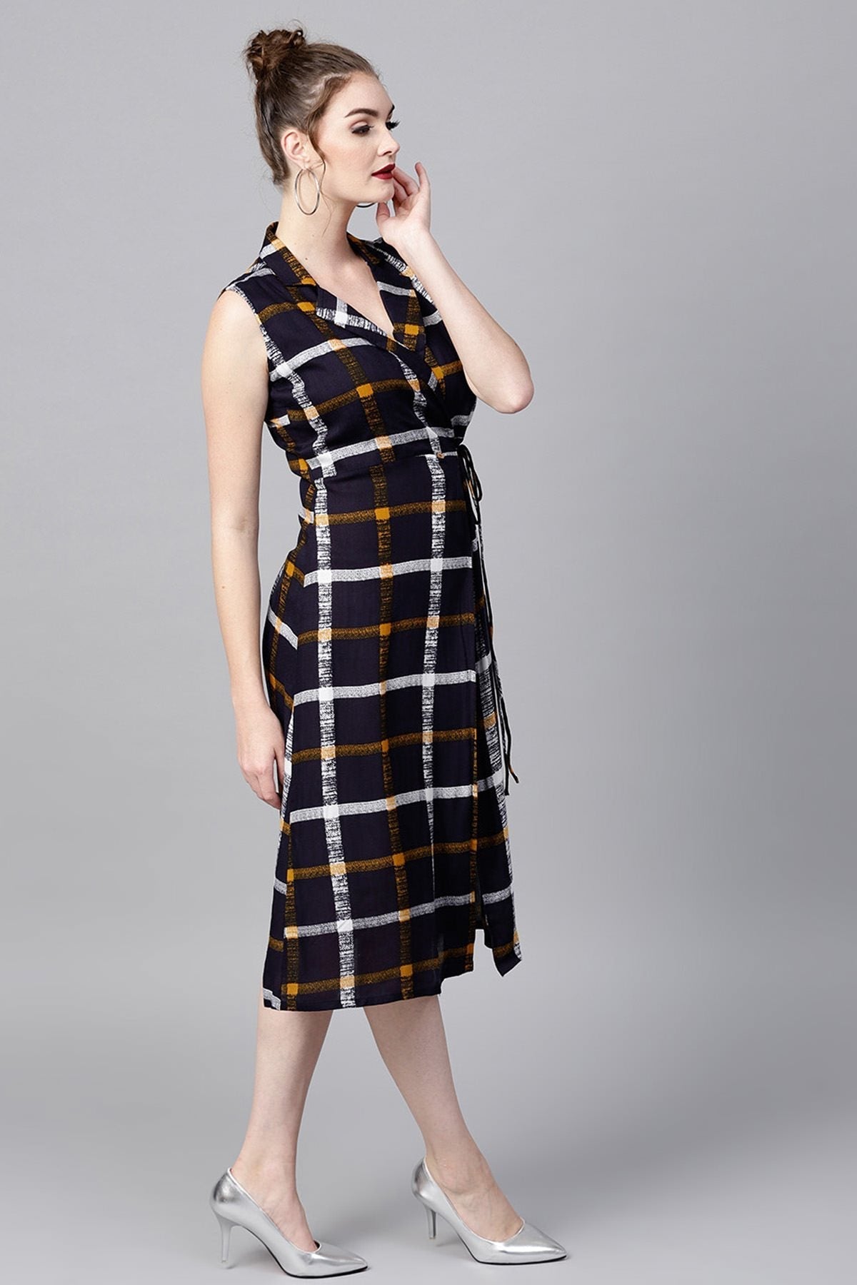 Women's Navy Check Lapel Collar Wrap Ethnic Dress