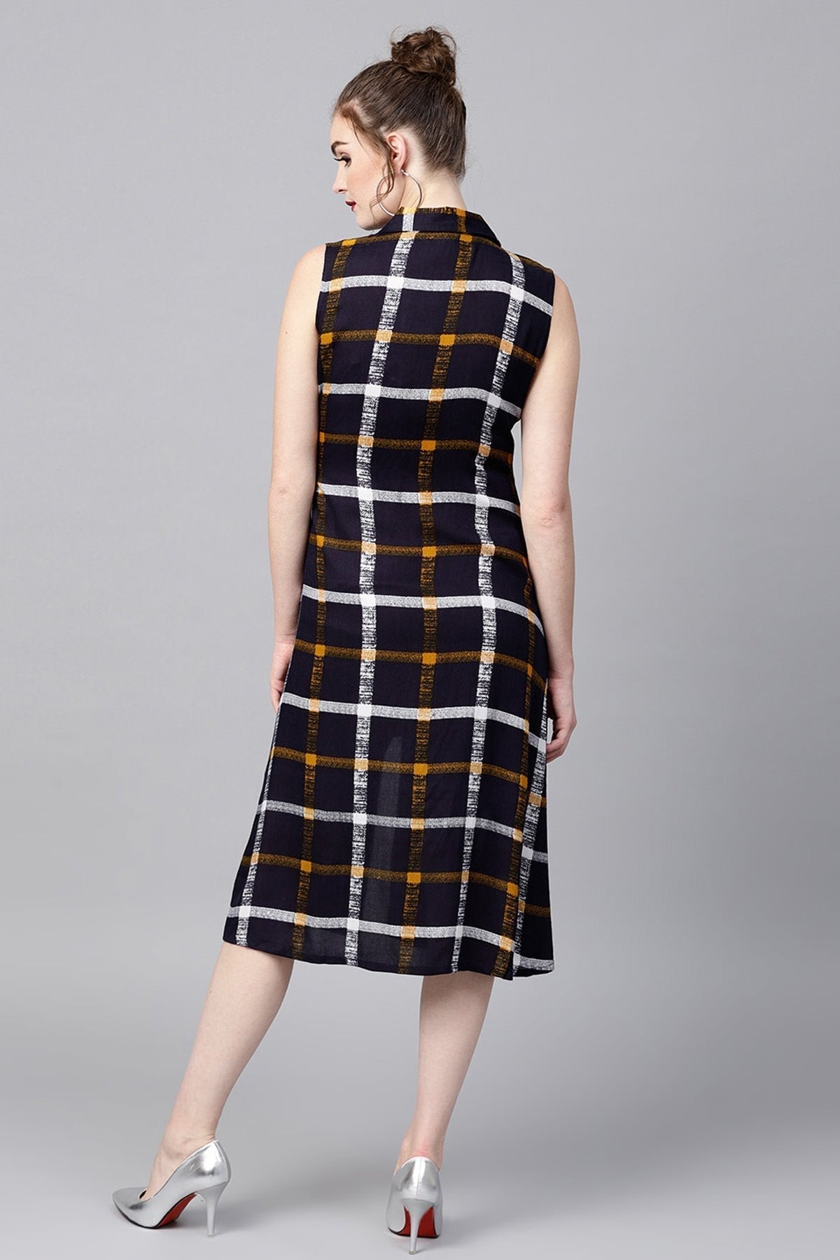 Women's Navy Check Lapel Collar Wrap Ethnic Dress