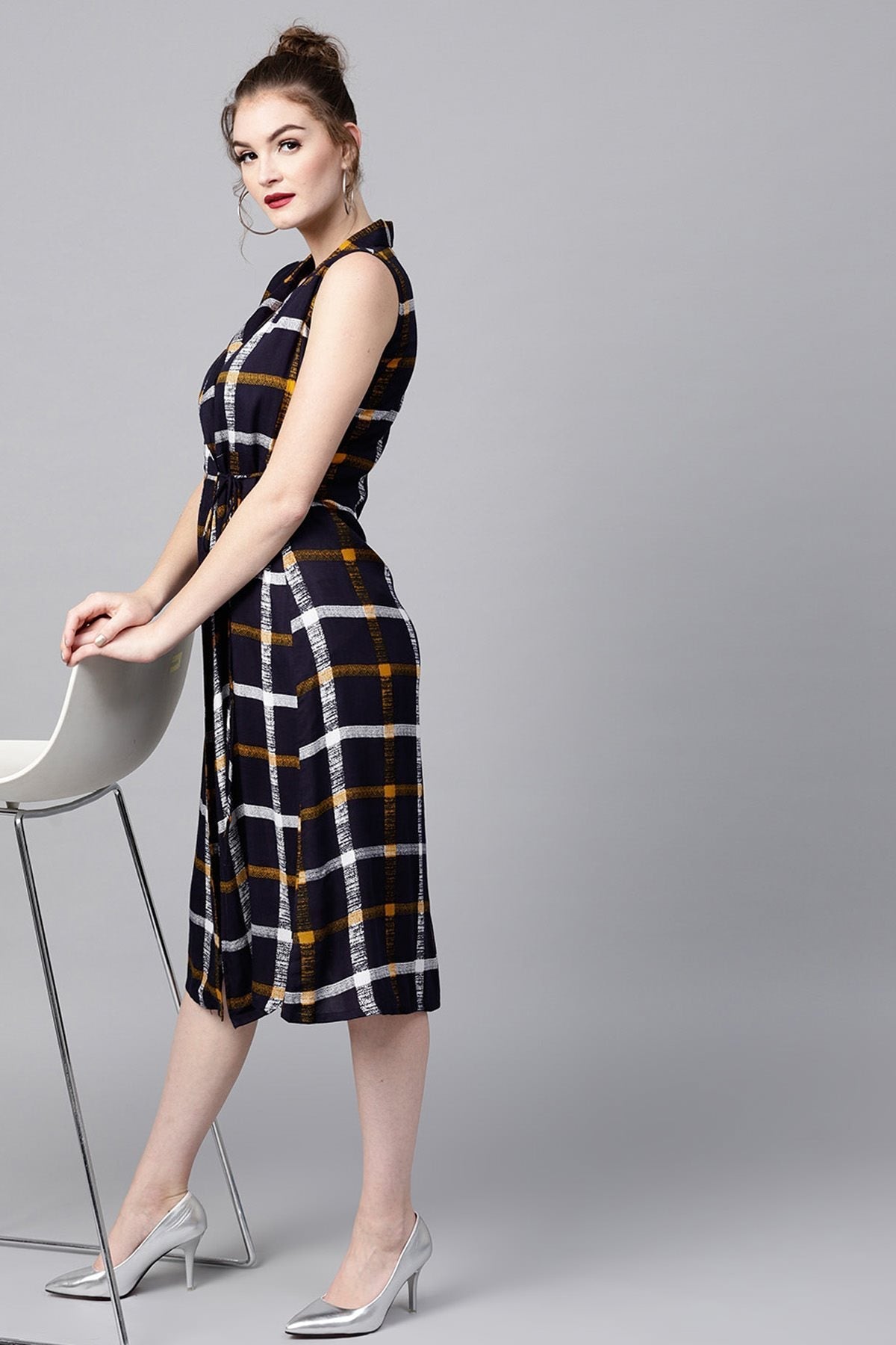 Women's Navy Check Lapel Collar Wrap Ethnic Dress