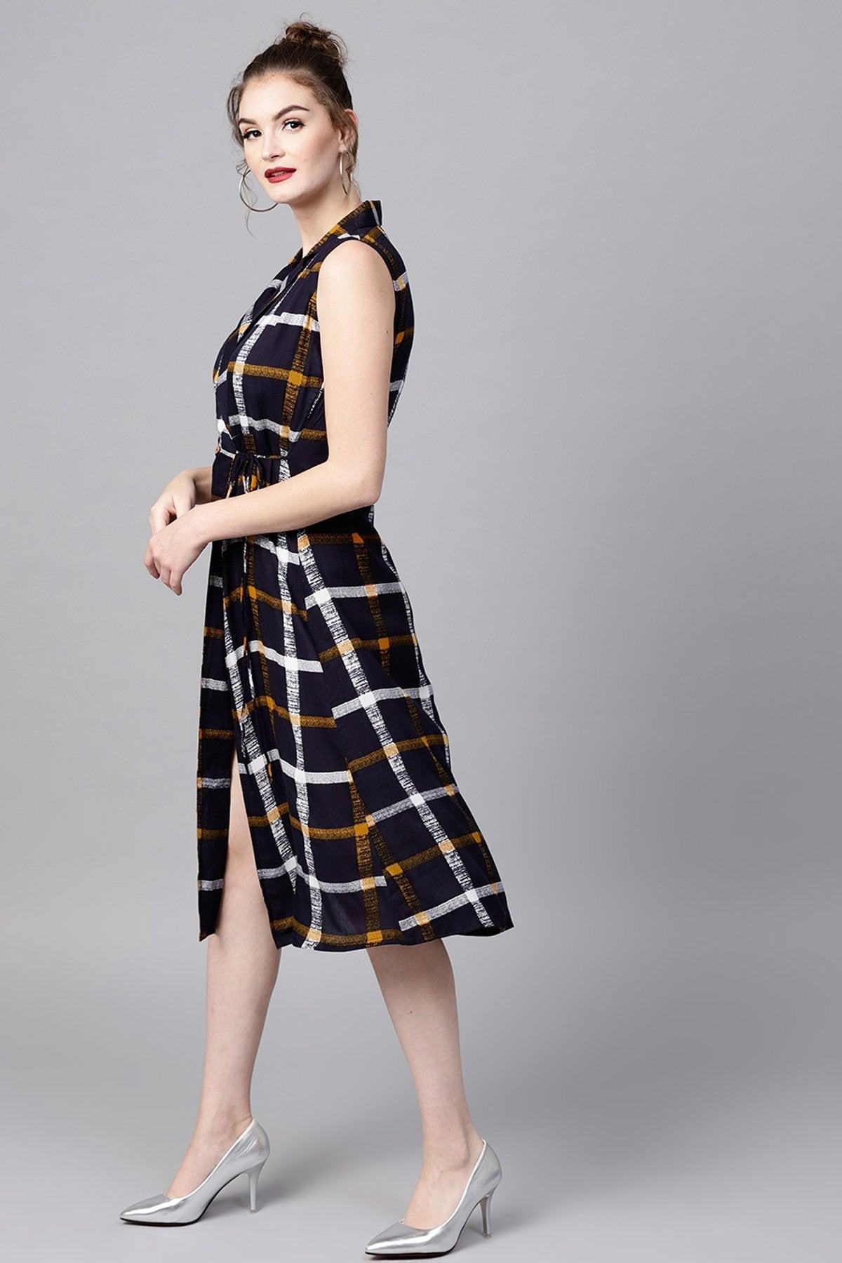 Women's Navy Check Lapel Collar Wrap Ethnic Dress