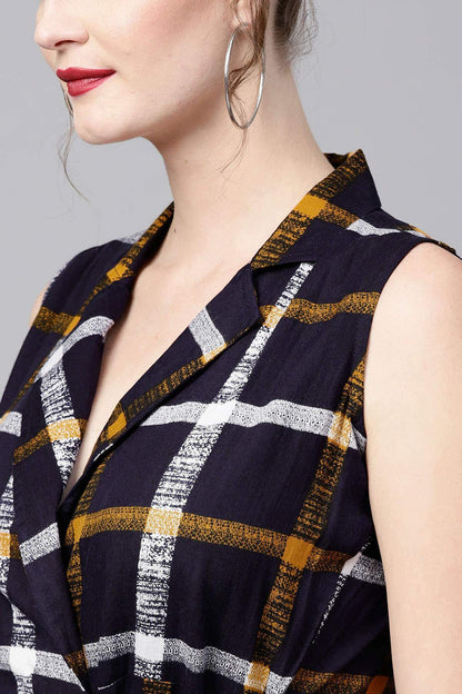 Women's Navy Check Lapel Collar Wrap Ethnic Dress