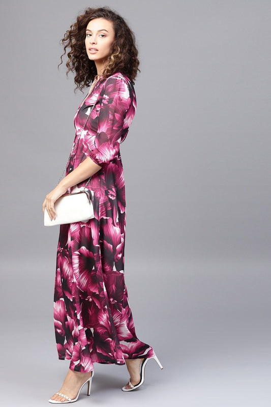 Women's Purple Floral V-Neck Maxi Dress
